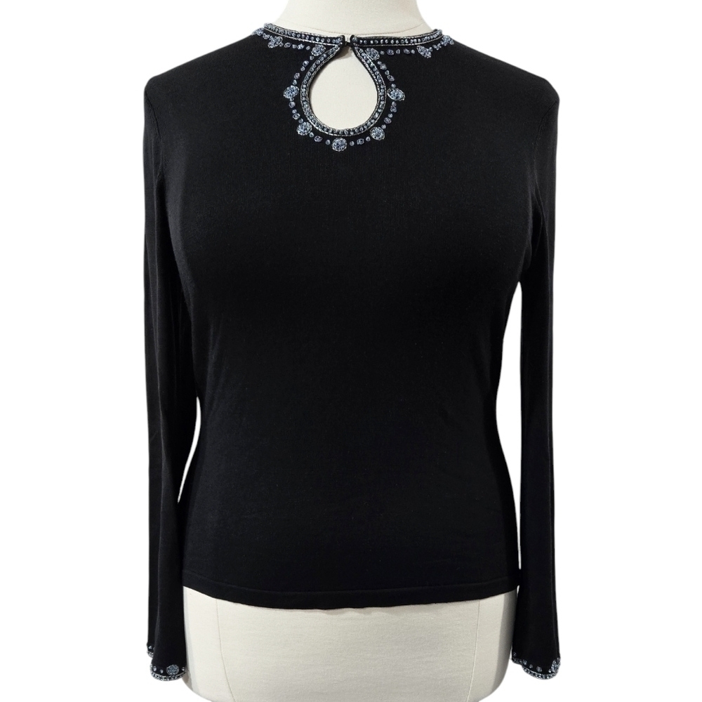 Vintage Talbots Silk Blend Black Beaded Embellished Keyhole Neck Sweater Party